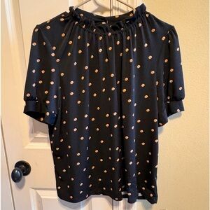 Adrianna Papell Black White Tan Polka Dot Short Sleeve Blouse Sz L